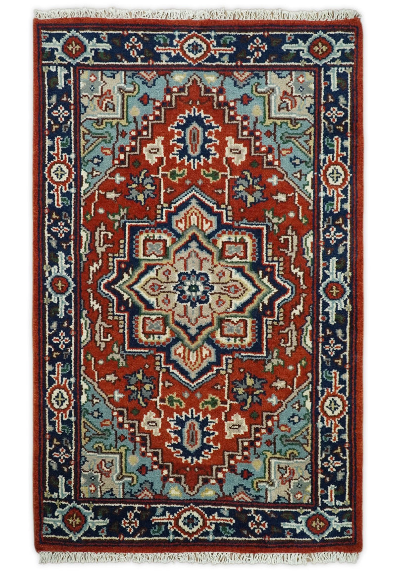3x5, 5x8 and 8x10 Rust and Blue Hand Knotted Traditional Persian Heriz Serapi Rug | TRDCP190 - The Rug Decor