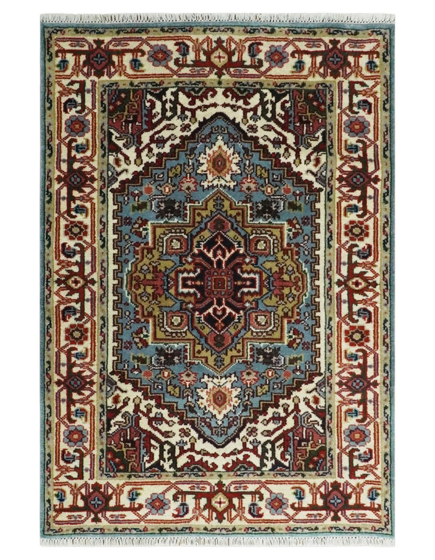 3x5 and 4x6 Mustard, Aqua and Ivory and Brown Traditional Hand knotted wool Area Rug - The Rug Decor