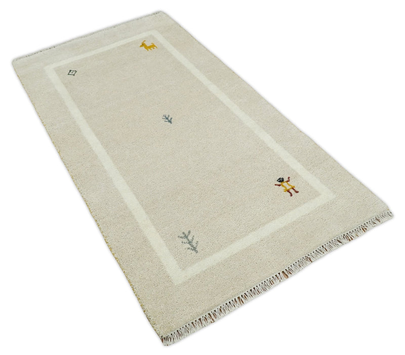 3x5 Beige and Ivory Wool Hand Knotted traditional Vintage Antique Southwestern Tribal Gabbeh | TRDCP38035 - The Rug Decor