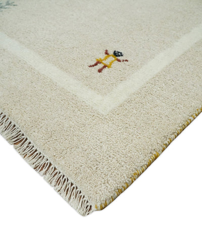 3x5 Beige and Ivory Wool Hand Knotted traditional Vintage Antique Southwestern Tribal Gabbeh | TRDCP38035 - The Rug Decor