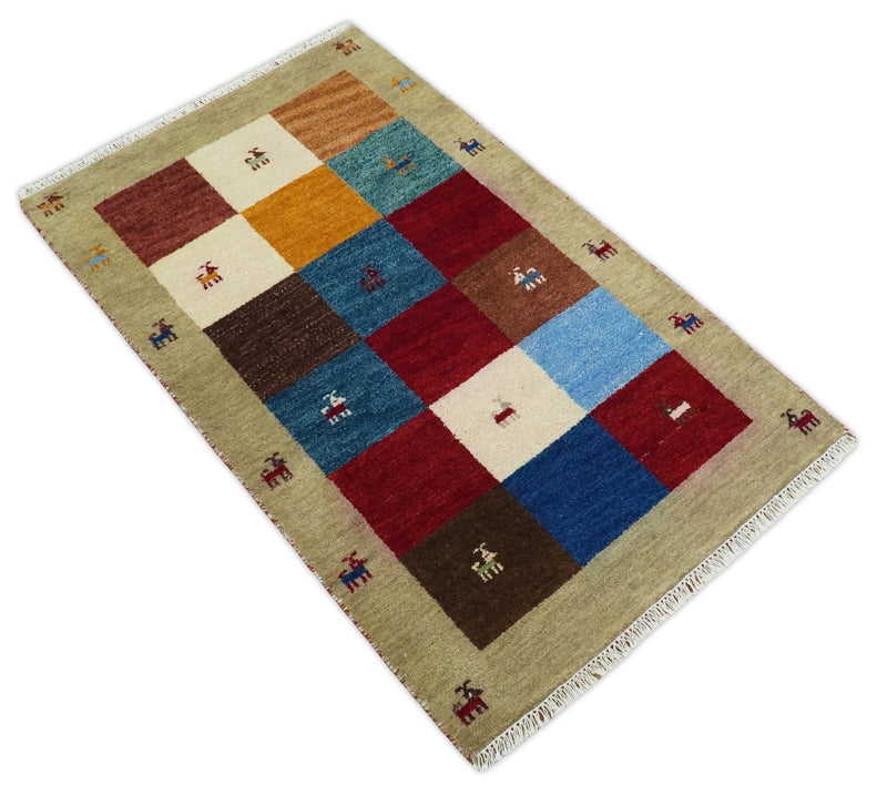 3x5 Blue and Brown Wool Hand Knotted traditional Vintage Antique Southwestern Gabbeh, Entryway rug | TRDCP37635 - The Rug Decor