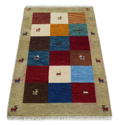 3x5 Blue and Brown Wool Hand Knotted traditional Vintage Antique Southwestern Gabbeh, Entryway rug | TRDCP37635 - The Rug Decor