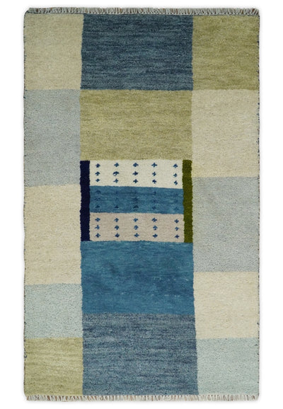 3x5 Blue and Ivory Wool Hand Knotted traditional Vintage Antique Southwestern Gabbeh | TRDCP34835 - The Rug Decor