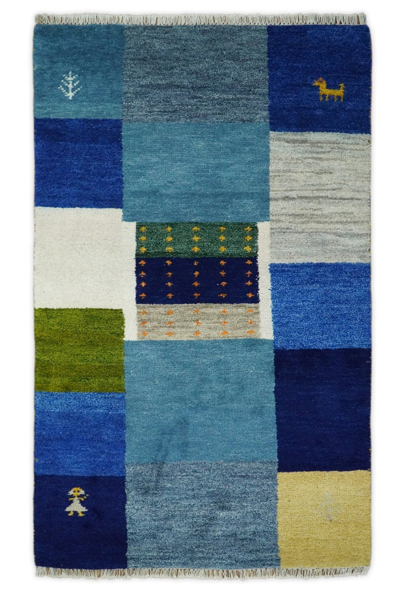 3x5 Blue Wool Hand Knotted traditional Vintage Antique Southwestern Gabbeh, Entryway rug | TRDCP37335 - The Rug Decor