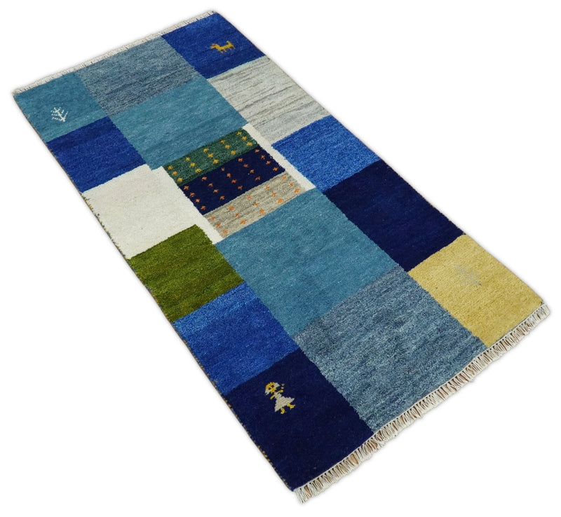 3x5 Blue Wool Hand Knotted traditional Vintage Antique Southwestern Gabbeh, Entryway rug | TRDCP37335 - The Rug Decor