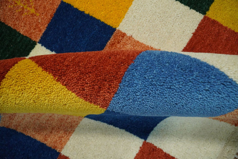 3x5 Checkered Blue and Beige Wool Hand Knotted traditional Vintage Southwestern Gabbeh, Entryway rug | TRDCP37735 - The Rug Decor