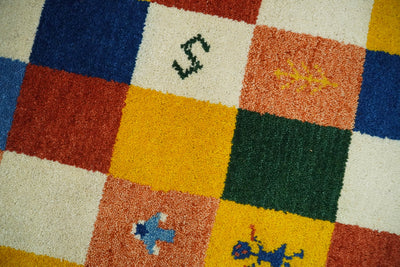 3x5 Checkered Blue and Beige Wool Hand Knotted traditional Vintage Southwestern Gabbeh, Entryway rug | TRDCP37735 - The Rug Decor
