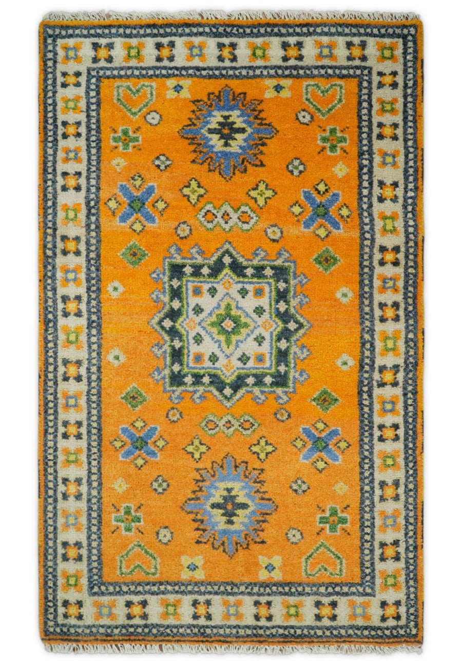 3x5 Gold and Blue Wool Hand Knotted traditional Vintage Antique Southwestern Kazak | TRDCP36735 - The Rug Decor