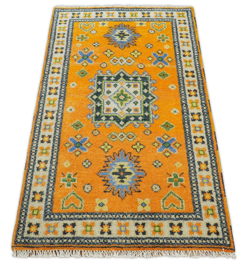 3x5 Gold and Blue Wool Hand Knotted traditional Vintage Antique Southwestern Kazak | TRDCP36735 - The Rug Decor