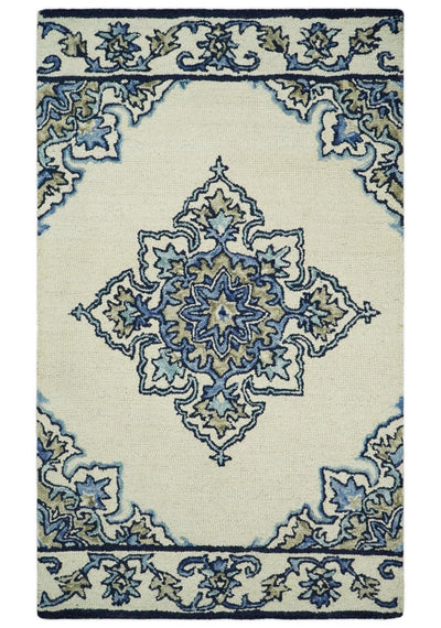 3x5 Hand Tufted Blue and Beige Persian Style Antique Oriental Wool Area Rug | TRDMA16 - The Rug Decor