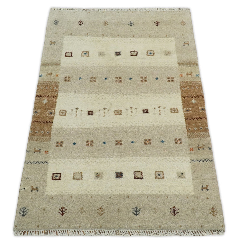 3x5 Ivory and Beige Wool Hand Knotted traditional Vintage Southwestern Gabbeh, Entryway rug | TRDCP37835 - The Rug Decor