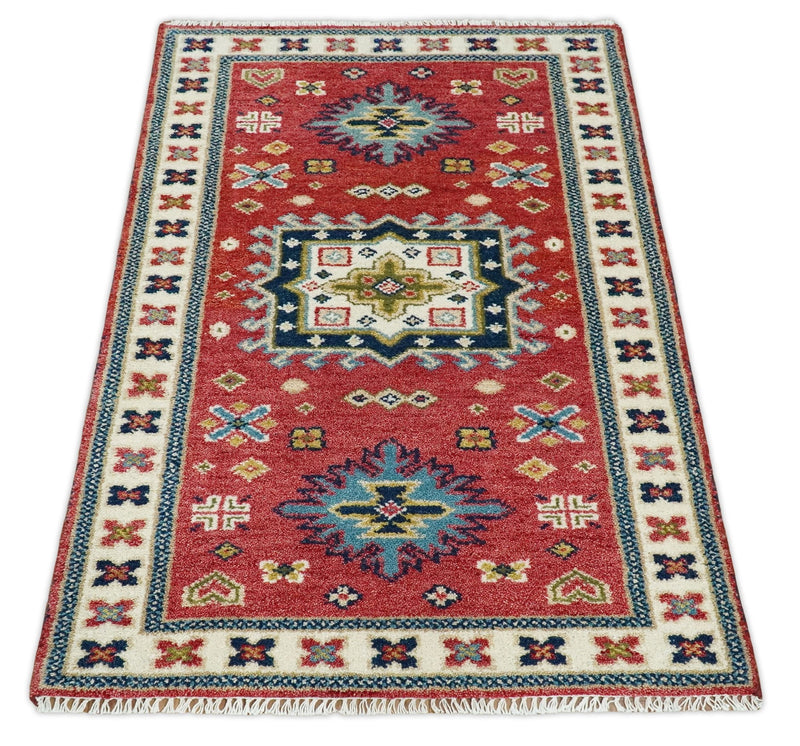 3x5 Red and Beige Wool Hand Knotted traditional Vintage Antique Southwestern Kazak, Entryway rug | TRDCP37535 - The Rug Decor
