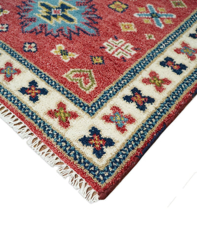3x5 Red and Beige Wool Hand Knotted traditional Vintage Antique Southwestern Kazak, Entryway rug | TRDCP37535 - The Rug Decor