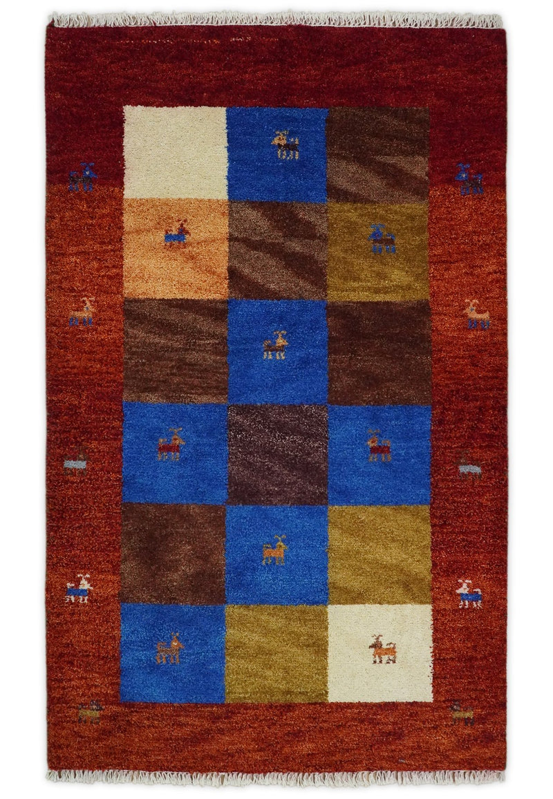 3x5 Red and Blue Wool Hand Knotted traditional Vintage Antique Southwestern Gabbeh | TRDCP36635 - The Rug Decor