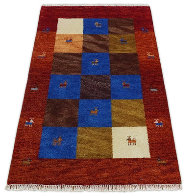 3x5 Red and Blue Wool Hand Knotted traditional Vintage Antique Southwestern Gabbeh | TRDCP36635 - The Rug Decor