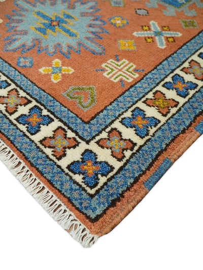 3x5 Rust and BIue Wool Hand Knotted traditional Vintage Antique Southwestern Tribal Kazak | TRDCP38135 - The Rug Decor