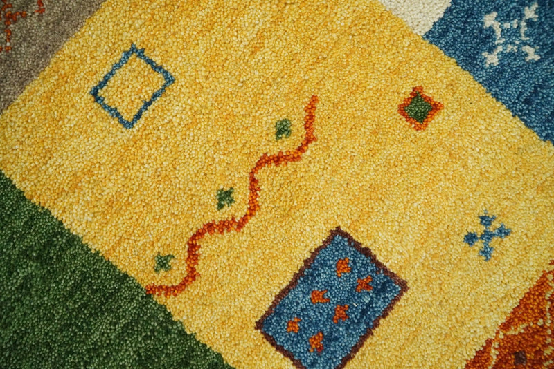 3x5 Yellow, Green and Blue Wool Patchwork Hand Knotted traditional Vintage Antique Southwestern Gabbeh | TRDCP37035 - The Rug Decor