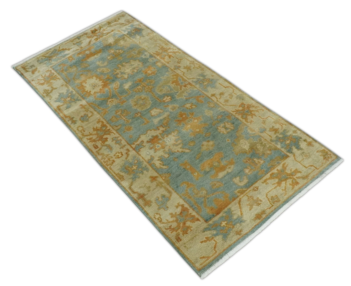 3x6 Runner Hand Knotted Blue, Beige and Rust Traditional Oushak Wool Area Rug | N338266 - The Rug Decor