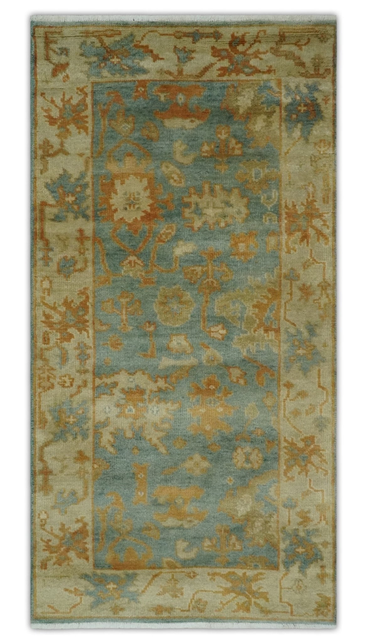 3x6 Runner Hand Knotted Blue, Beige and Rust Traditional Oushak Wool Area Rug | N338266 - The Rug Decor