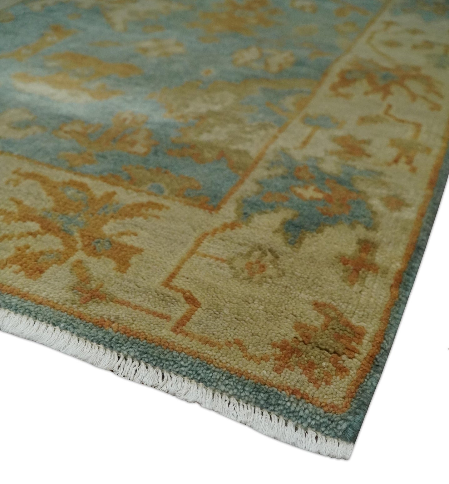 3x6 Runner Hand Knotted Blue, Beige and Rust Traditional Oushak Wool Area Rug | N338266 - The Rug Decor