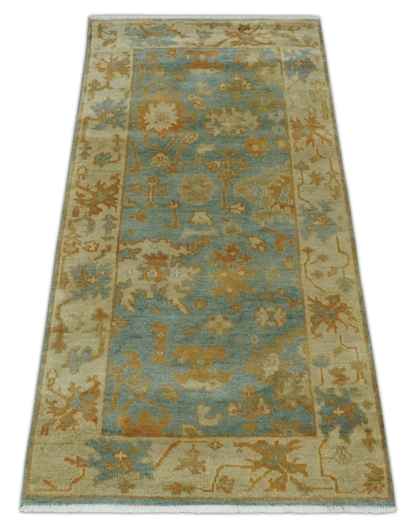3x6 Runner Hand Knotted Blue, Beige and Rust Traditional Oushak Wool Area Rug | N338266 - The Rug Decor