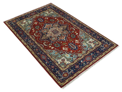 4.10x7.7 Rust and Blue Hand Knotted Traditional Heriz Serapi Rug - The Rug Decor
