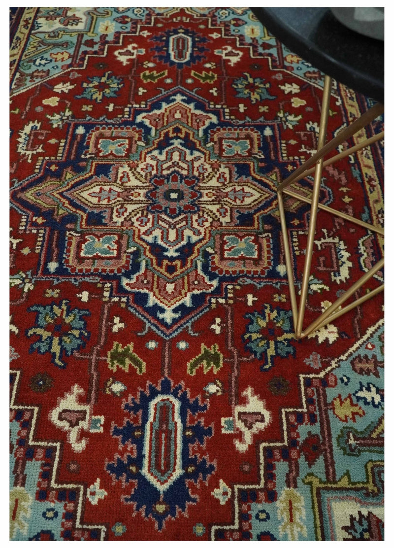 4.10x7.7 Rust and Blue Hand Knotted Traditional Heriz Serapi Rug - The Rug Decor