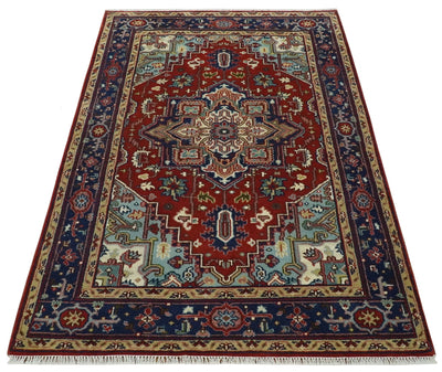 4.10x7.7 Rust and Blue Hand Knotted Traditional Heriz Serapi Rug - The Rug Decor
