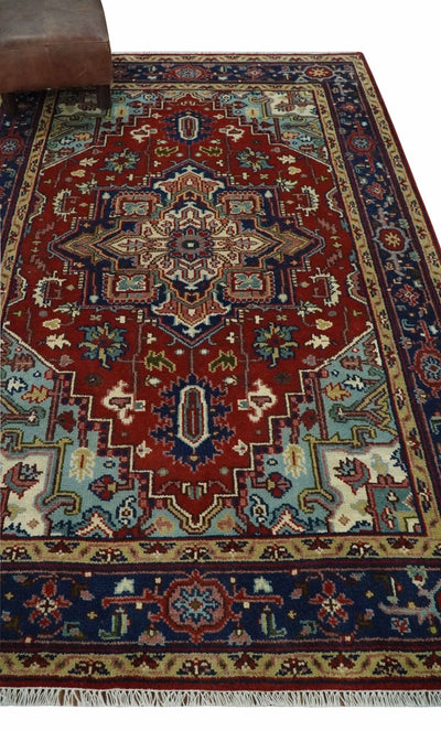 4.10x7.7 Rust and Blue Hand Knotted Traditional Heriz Serapi Rug - The Rug Decor
