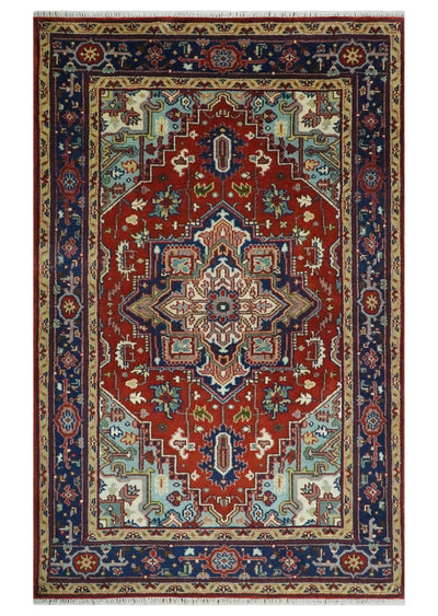 4.10x7.7 Rust and Blue Hand Knotted Traditional Heriz Serapi Rug - The Rug Decor