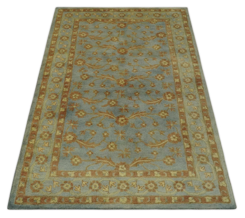4.10x7.9 Silver, Rust and Beige Traditional Floral Hand Tufted Wool Area Rug - The Rug Decor