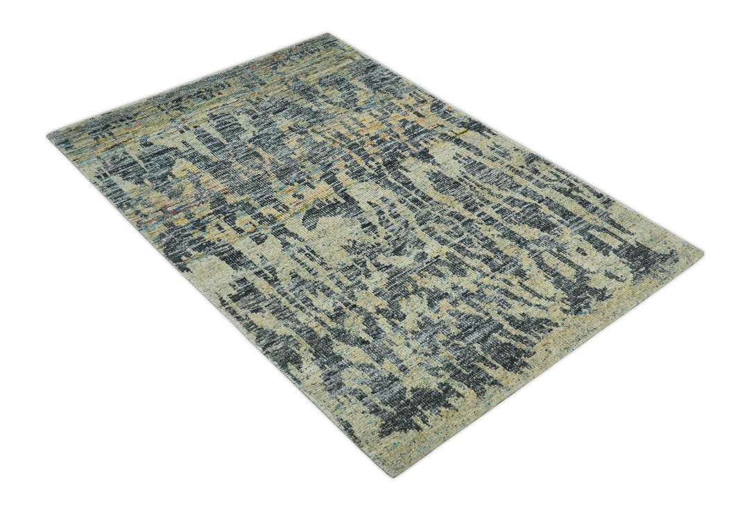 4.5x6.5 Hand Knotted Beige, Camel and Charcoal Modern Abstract Contemporary Recycled Silk Area Rug | OP127 - The Rug Decor