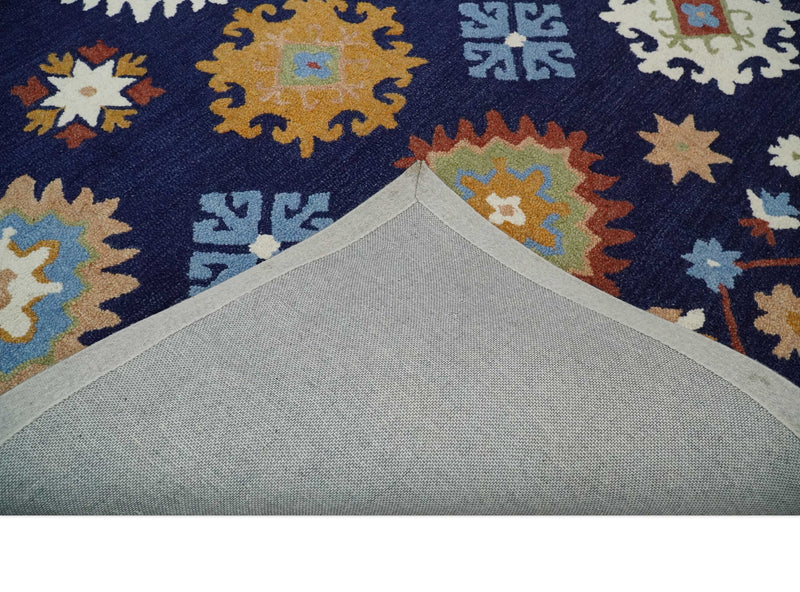Multi Size Hand Tufted Dark Blue, Gold, Ivory and Peach Traditional colorful Wool Rug