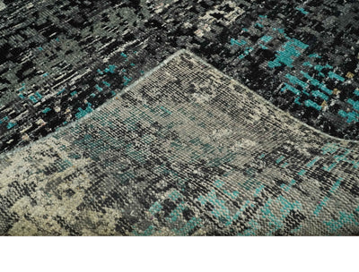 5x8 Hand Knotted Charcoal, Ivory and Blue Modern Abstract Contemporary Recycled Silk Area Rug | OP68