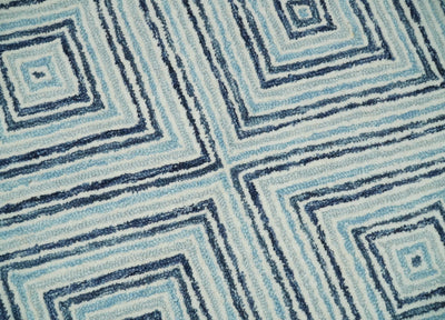 Hand Tufted Blue and Ivory Modern Geometric Diamond Multi Size Wool Area Rug