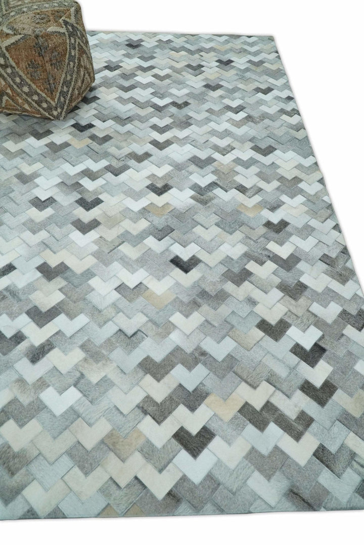 4x6, 5x8, 6x9, 8x10, 9x12, 6 and 8 feet Runner Ivory and Gray Leather Rug | Hairon Genuine Leather, Cowhide rug, Chevron Tile Geometric Rug - The Rug Decor