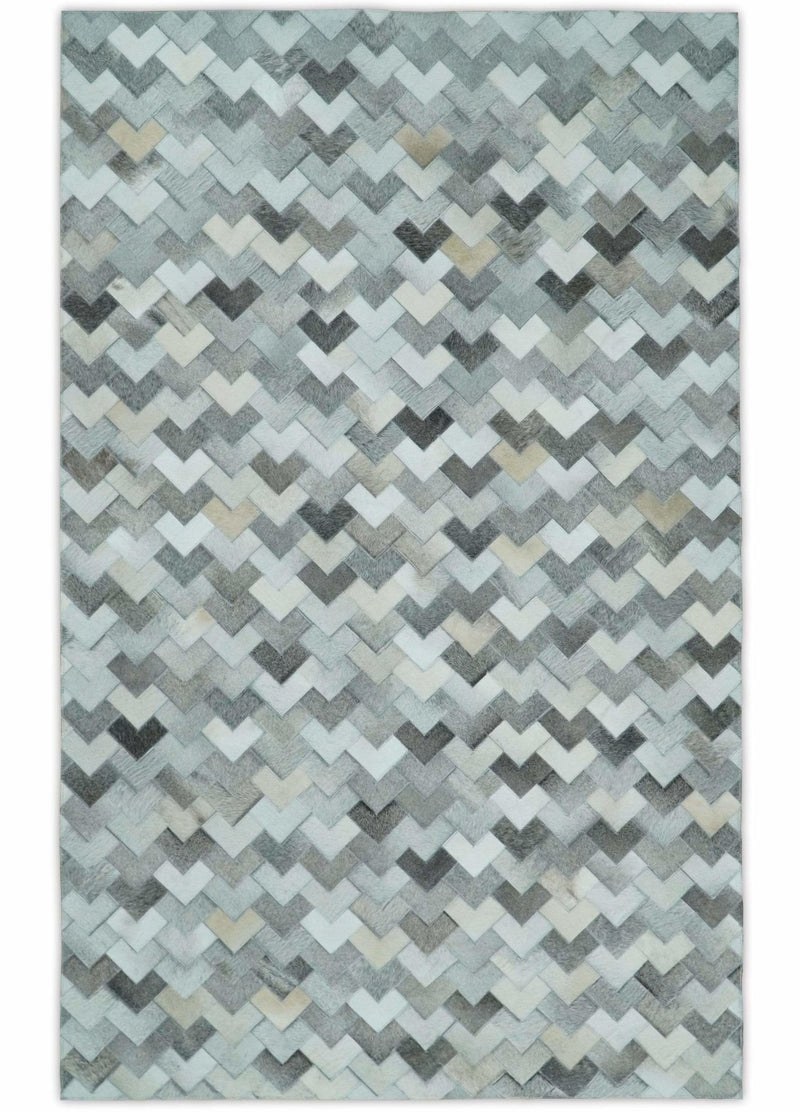 4x6, 5x8, 6x9, 8x10, 9x12, 6 and 8 feet Runner Ivory and Gray Leather Rug | Hairon Genuine Leather, Cowhide rug, Chevron Tile Geometric Rug - The Rug Decor