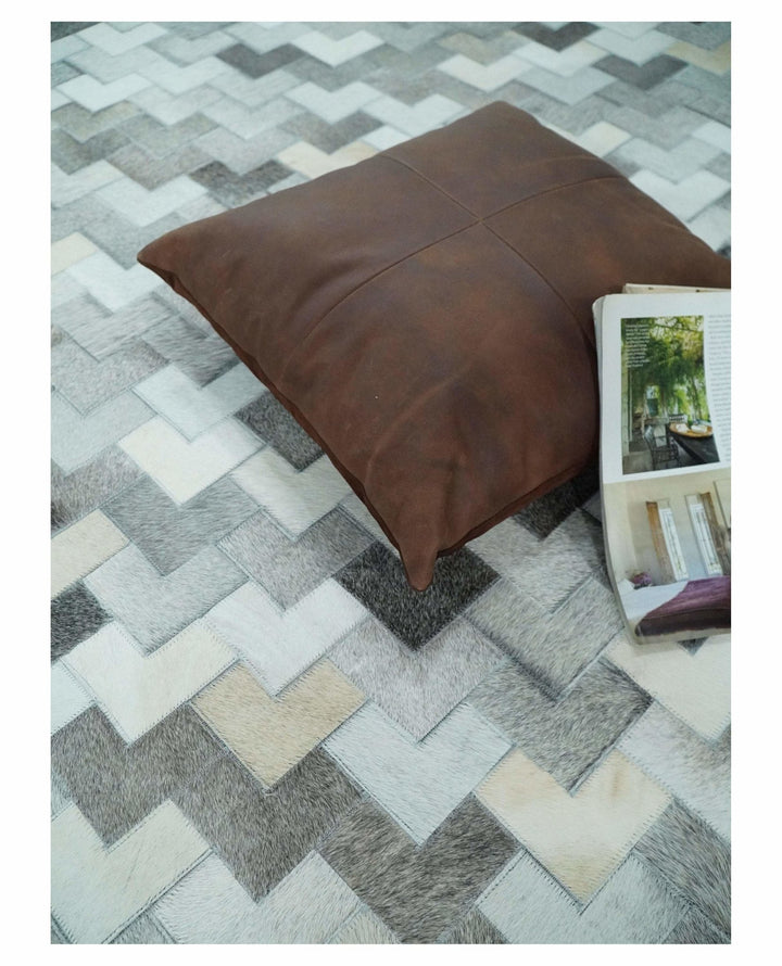 4x6, 5x8, 6x9, 8x10, 9x12, 6 and 8 feet Runner Ivory and Gray Leather Rug | Hairon Genuine Leather, Cowhide rug, Chevron Tile Geometric Rug - The Rug Decor