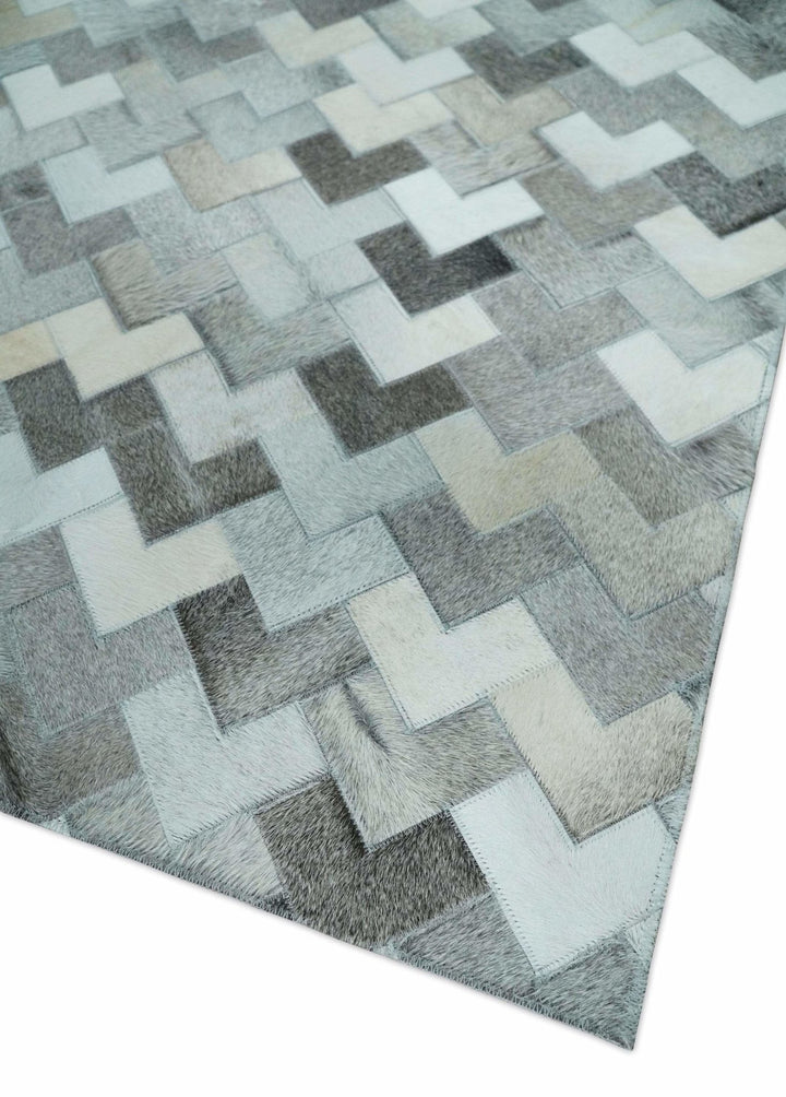 4x6, 5x8, 6x9, 8x10, 9x12, 6 and 8 feet Runner Ivory and Gray Leather Rug | Hairon Genuine Leather, Cowhide rug, Chevron Tile Geometric Rug - The Rug Decor
