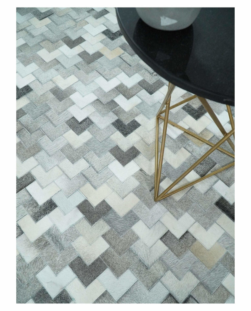 4x6, 5x8, 6x9, 8x10, 9x12, 6 and 8 feet Runner Ivory and Gray Leather Rug | Hairon Genuine Leather, Cowhide rug, Chevron Tile Geometric Rug - The Rug Decor