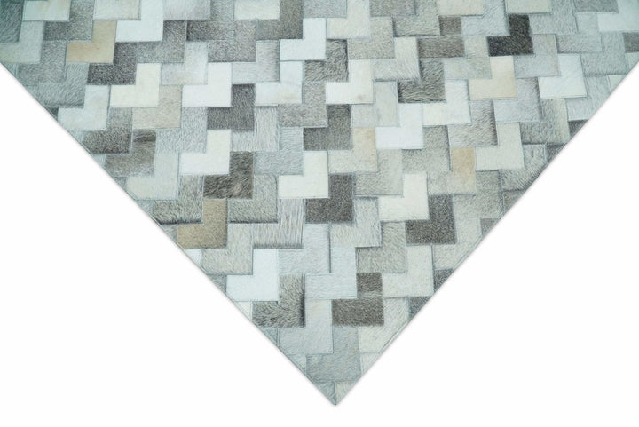 4x6, 5x8, 6x9, 8x10, 9x12, 6 and 8 feet Runner Ivory and Gray Leather Rug | Hairon Genuine Leather, Cowhide rug, Chevron Tile Geometric Rug - The Rug Decor