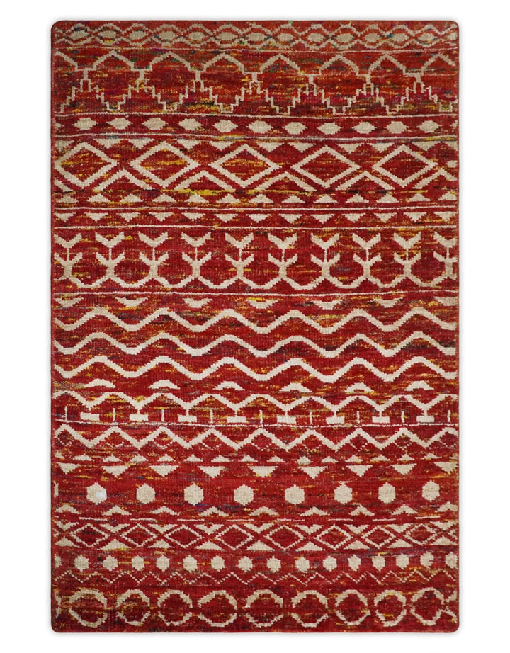 4x6 and 8x10 Hand Knotted Rust, Gold and White Modern Contemporary Southwestern Tribal Trellis Recycled Silk Area Rug | OP5 - The Rug Decor