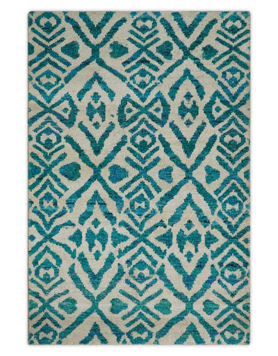 4x6 and 9x12 Hand Knotted Ivory and Blue Modern Contemporary Southwestern Tribal Trellis Recycled Silk Area Rug | OP21 - The Rug Decor