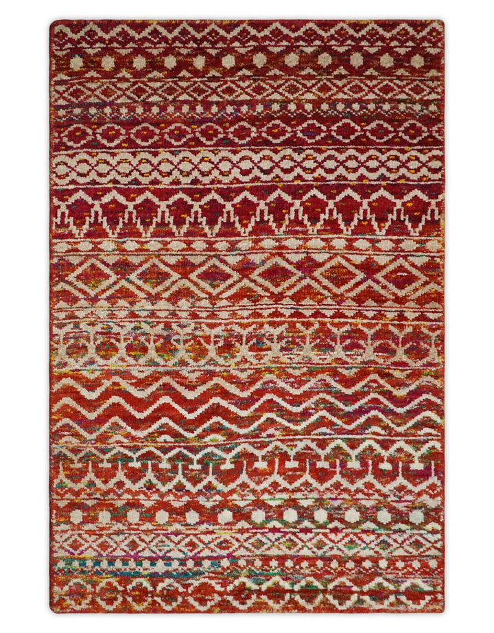 4x6 and 9x12 Hand Knotted Rust and White Modern Contemporary Southwestern Tribal Trellis Recycled Silk Area Rug | OP7 - The Rug Decor