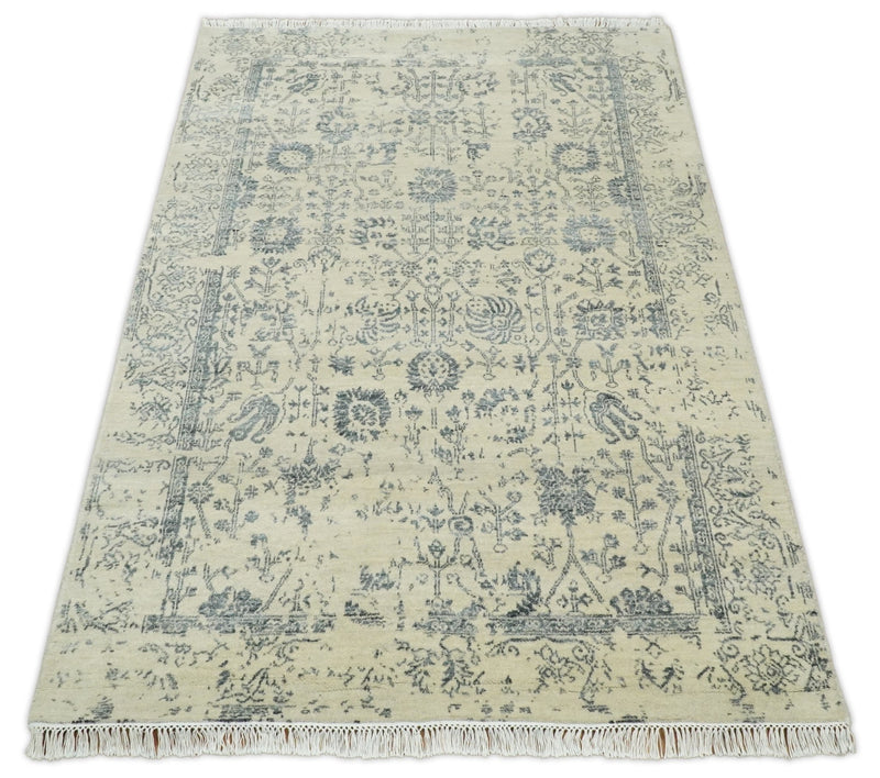 4x6 Fine Hand Knotted Beige and Gray Traditional Vintage Persian Style Antique Wool and Silk Rug | AGR14 - The Rug Decor