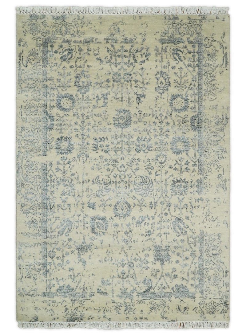 4x6 Fine Hand Knotted Beige and Gray Traditional Vintage Persian Style Antique Wool and Silk Rug | AGR14 - The Rug Decor