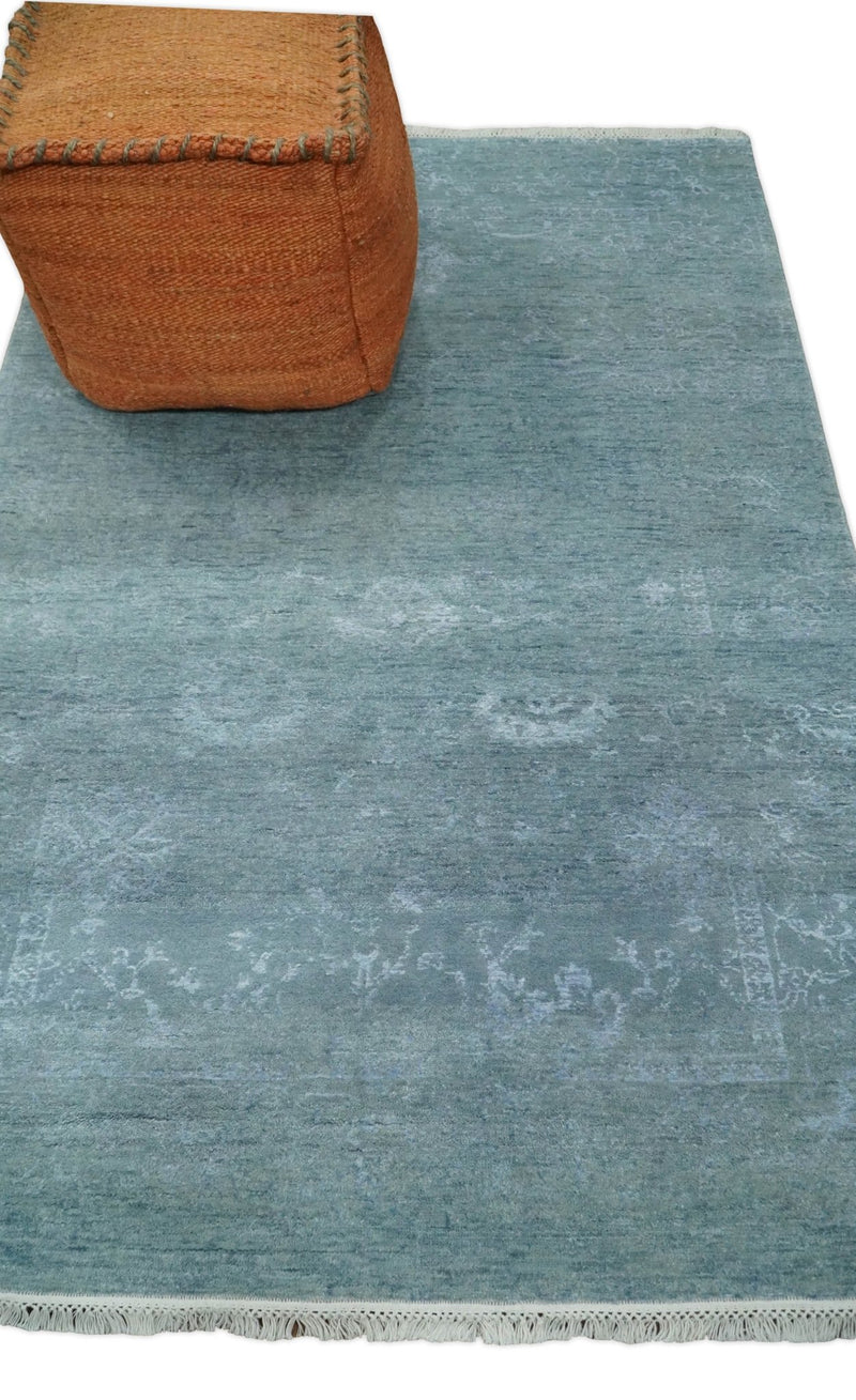4x6 Fine Hand Knotted Blue and Silver Traditional Vintage Persian Style Antique Wool and Silk Rug | AGR9 - The Rug Decor