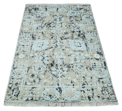4x6 Fine Hand Knotted Camel and Black Traditional Vintage Persian Style Antique Wool and Bamboo Silk Rug | AGR10 - The Rug Decor