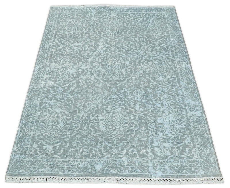 4x6 Fine Hand Knotted Silver and Blue Traditional Vintage Persian Style Antique Wool and Silk Rug | AGR18 - The Rug Decor