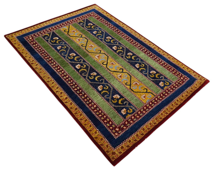 4x6 Green, Gold and Blue Striped Wool Hand Knotted Southwestern Lori Gabbeh Rug | KNT54 - The Rug Decor